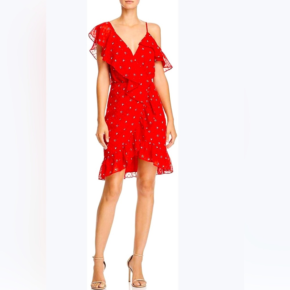 Wayf Red Floral One-Shoulder Ruffle Wrap Mini Dress